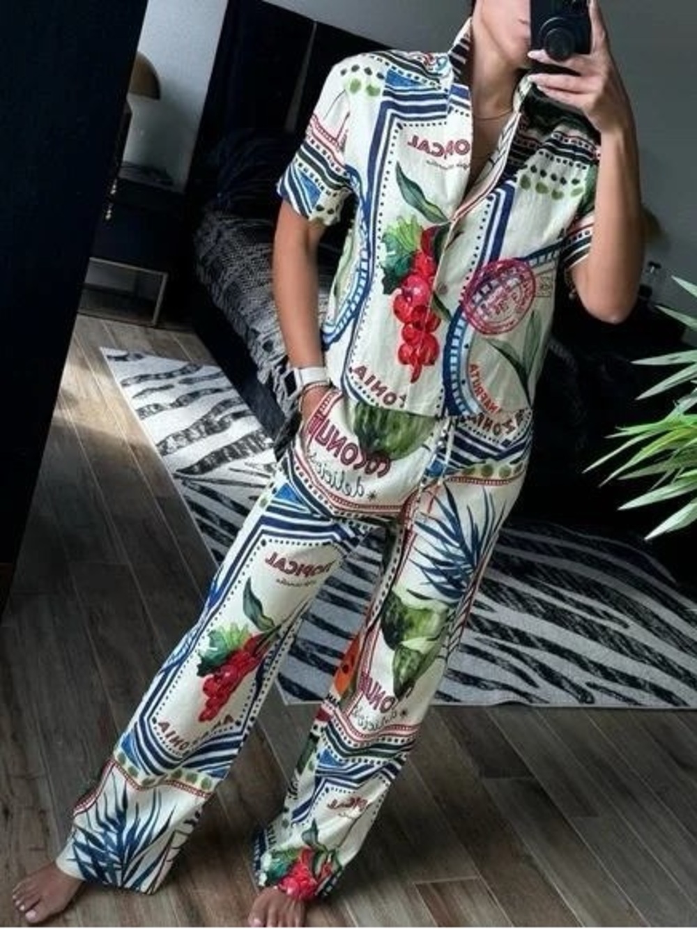 Rachel Zoe Cream Multi Botanical Print Wide-Leg Pants